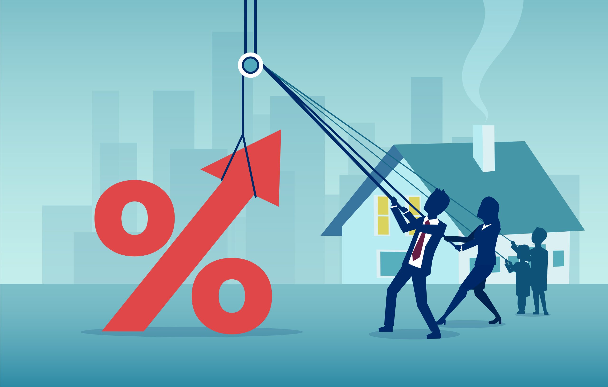 Vector of a family struggling with huge mortgage price tag and interest rate