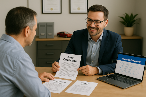 An insurance agent reviews auto coverage and deductible options with a client in a professional office setting.