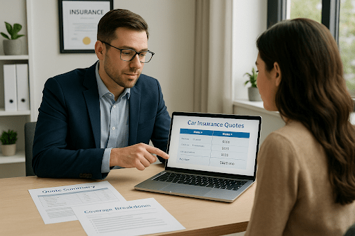 Insurance agent shows car insurance quotes on a laptop to a client in a professional office, with documents labeled “Quote Summary.”
