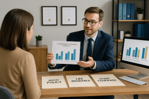 Insurance advisor presents policy comparisons for top insurance companies to a client in a modern office with labeled folders and charts.