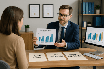 Insurance advisor presents policy comparisons for top insurance companies to a client in a modern office with labeled folders and charts.