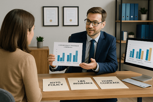 Insurance advisor presents policy comparisons for top insurance companies to a client in a modern office with labeled folders and charts.