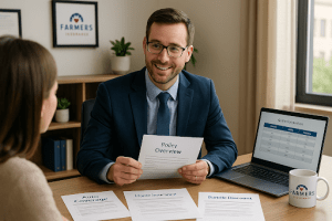 A Farmers Insurance agent explains policy overview, home insurance, and auto coverage options to a client in a professional office setting.