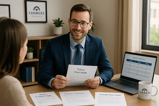 A Farmers Insurance agent explains policy overview, home insurance, and auto coverage options to a client in a professional office setting.