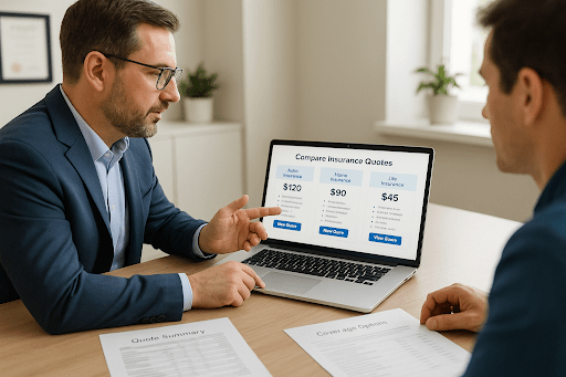 Insurance advisor shows a client side-by-side auto, home, and life insurance quotes on a laptop in a modern office.