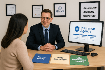 Insurance agent and client reviewing auto, home, and life insurance quotes in a clean, professional office with labeled policy folders.