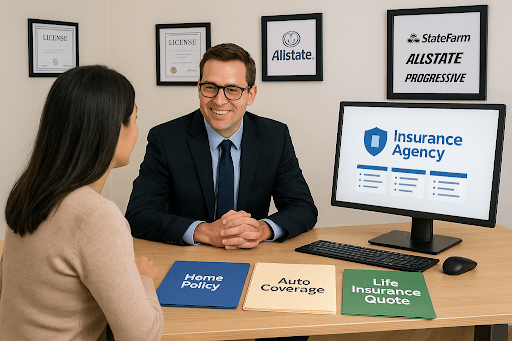 Insurance agent and client reviewing auto, home, and life insurance quotes in a clean, professional office with labeled policy folders.