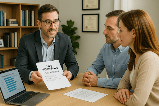 Life insurance advisor explains policy options to a couple in a modern office with documents and a quote comparison chart.