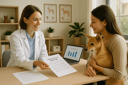 Veterinarian discusses pet insurance coverage with a dog owner while reviewing policy documents in a well-lit office.