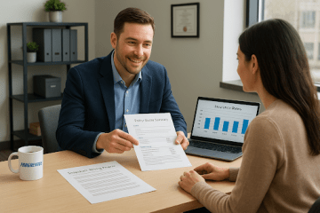 A Progressive Insurance agent explains the policy quote summary and the Snapshot® program to a client in a modern office.