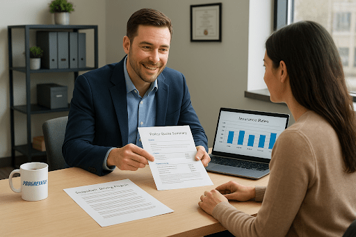 A Progressive Insurance agent explains the policy quote summary and the Snapshot® program to a client in a modern office.