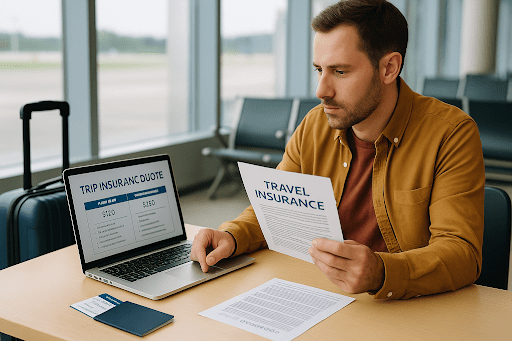 Traveler reviewing travel insurance documents and a quote comparison on a laptop at an airport with luggage and a passport on the table.